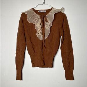 Zara Rust Brown Knit Top with Cream Ruffle Collar